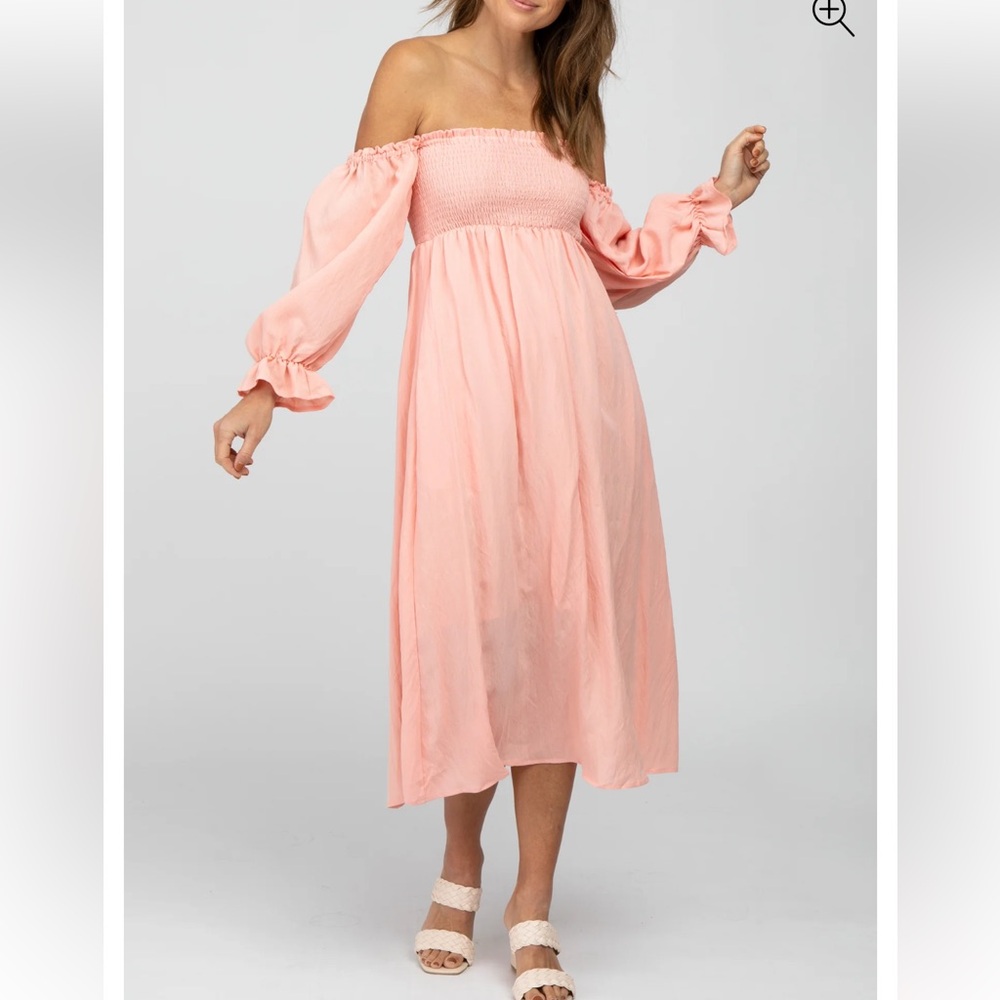 EUC Entro Off Shoulder Peach Smocked Midi Dress Size Medium Stretchy